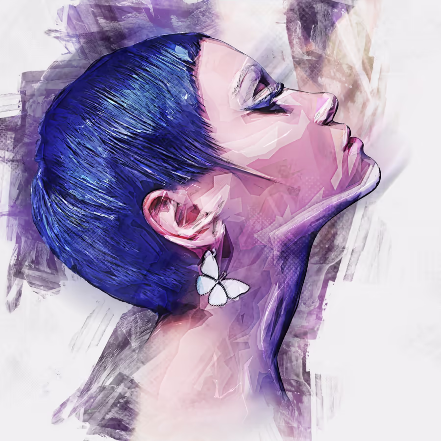 Портрет девушки с короткими синими волосами и бабочкой в ухе выполненный в стиле акварели