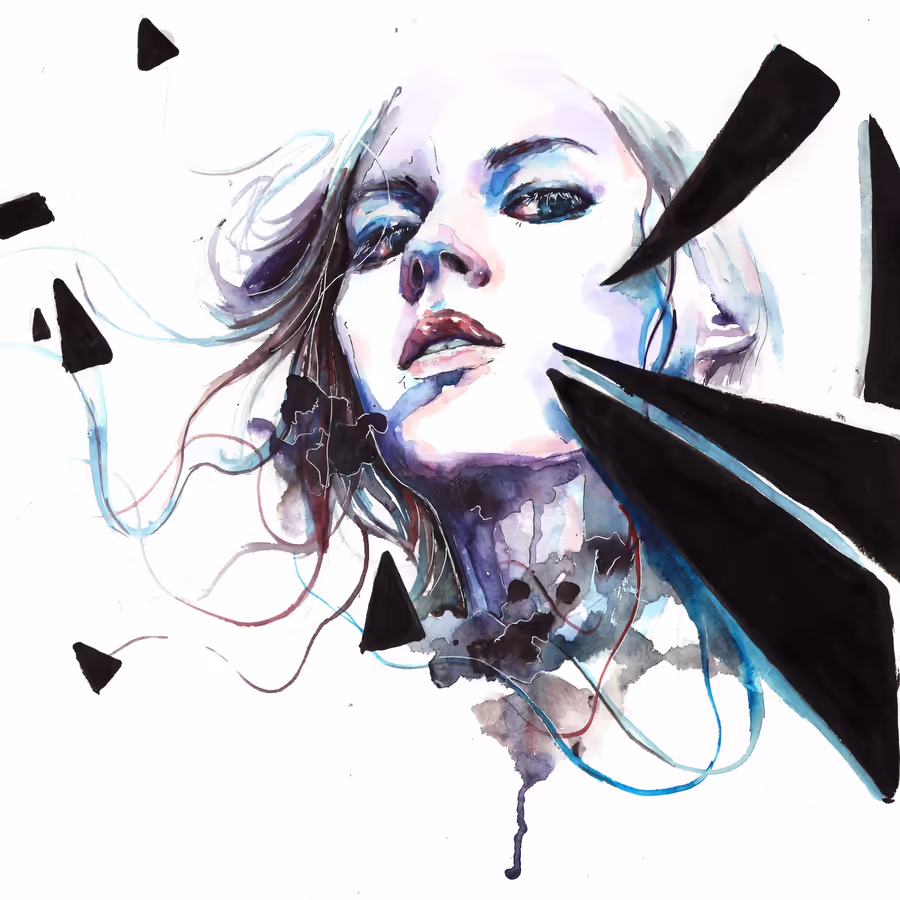 Портрет женщины с абстрактными черными фигурами символизирующими внутренний конфликт