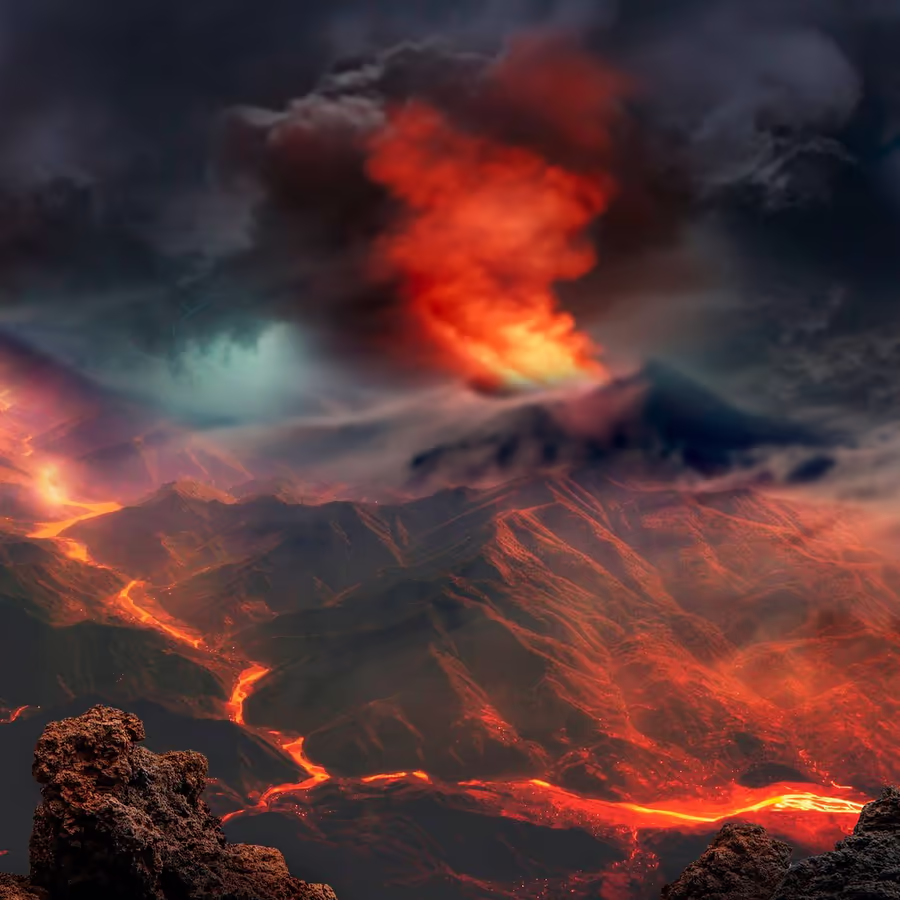 Мощное извержение вулкана с потоками лавы и облаком пепла