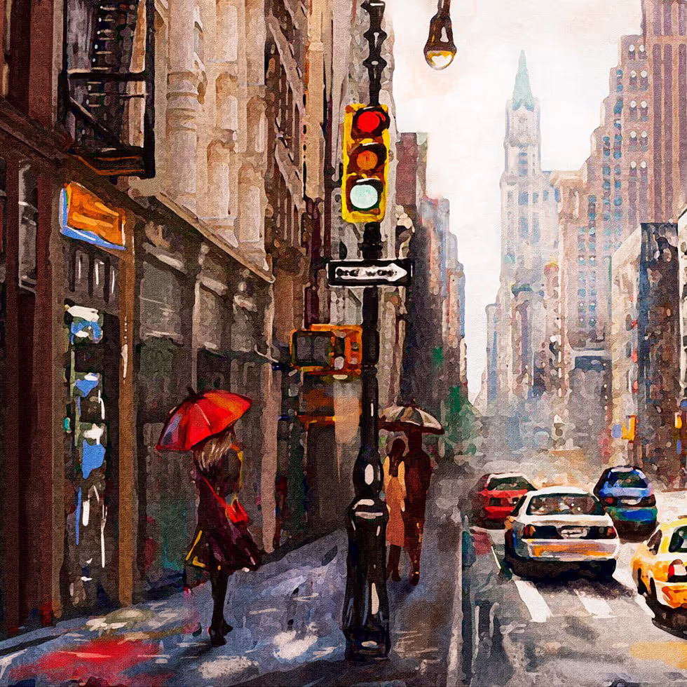 Улица Нью-Йорка под дождем вид сзади на прохожих