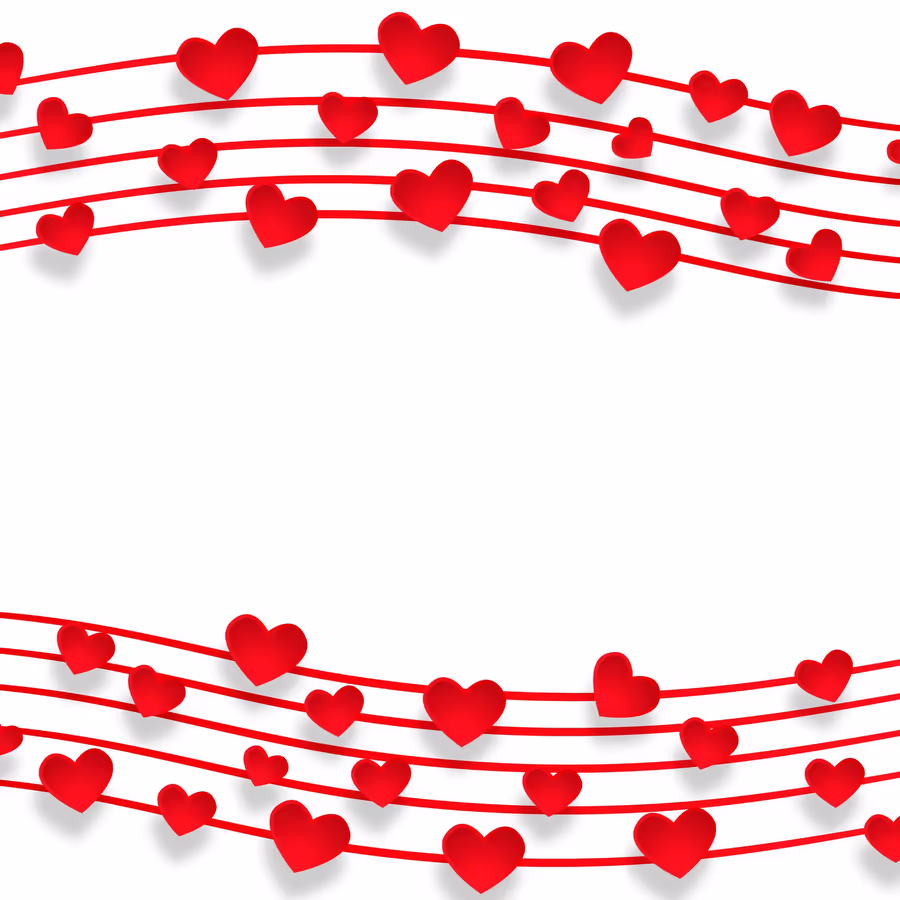 Красные сердечки на нитках образующие гирлянду