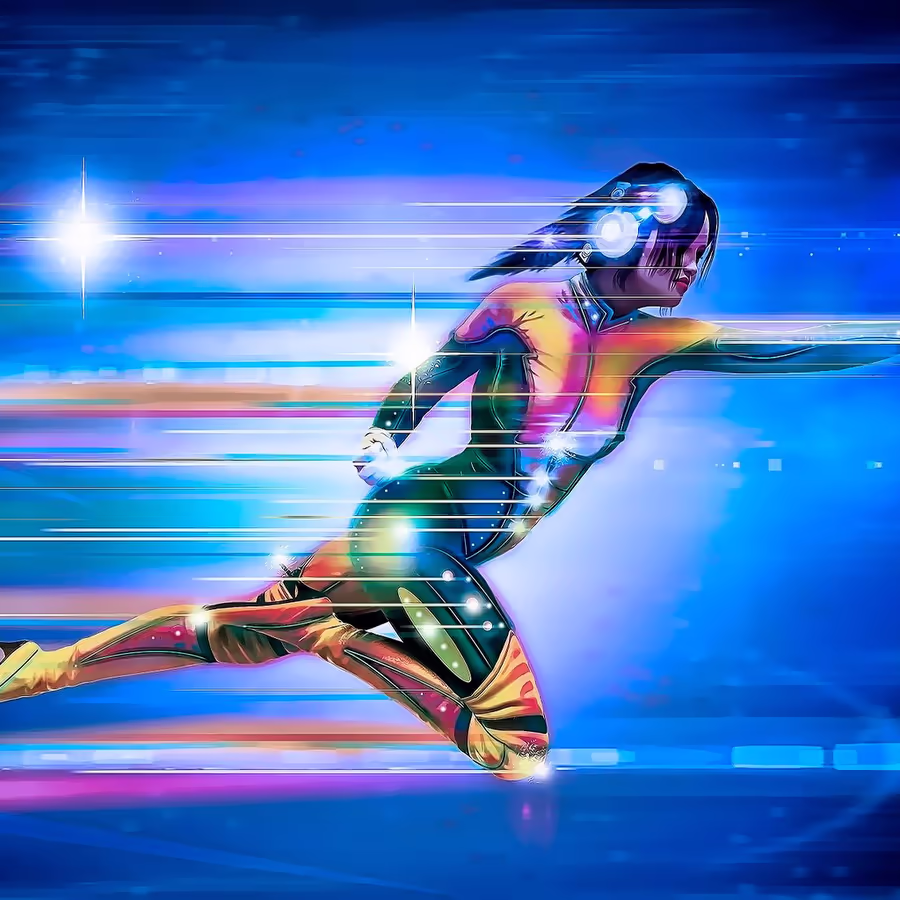 Бегущая фигура в неоновом свете символизирующая скорость и технологичность