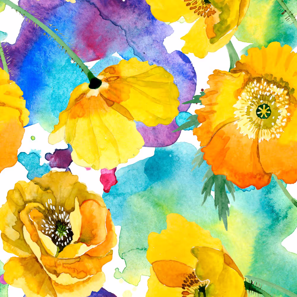 Бесшовный цветочный узор из разноцветных маков написанных акварелью