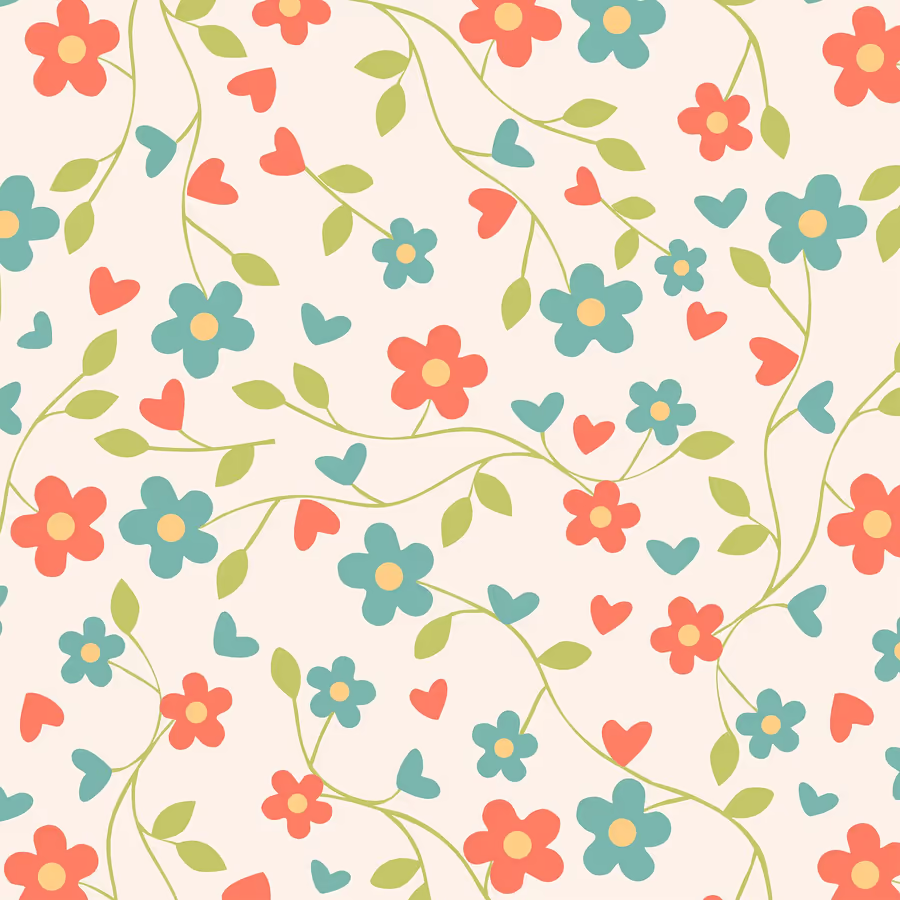 Бесшовный паттерн из нежных цветов и сердечек пастельных оттенков