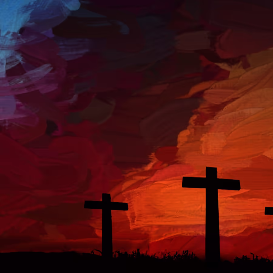 Силуэты крестов на фоне драматического заката в насыщенных тонах