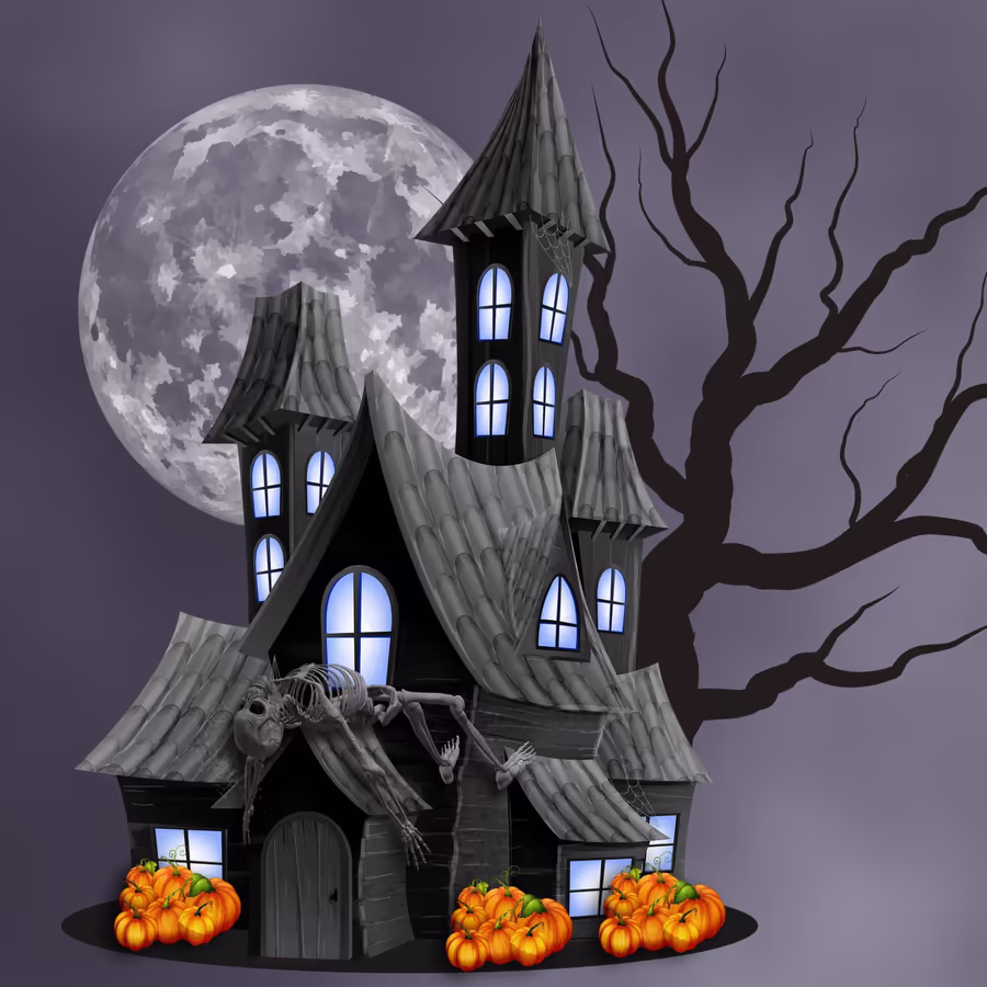 Жуткий дом с привидениями скелетом и тыквами под полной луной