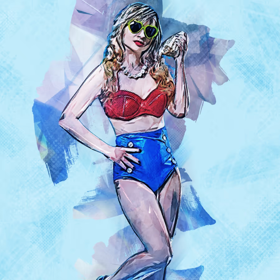 Стильная девушка в красном купальнике и синих шортах позирующая с ракушкой