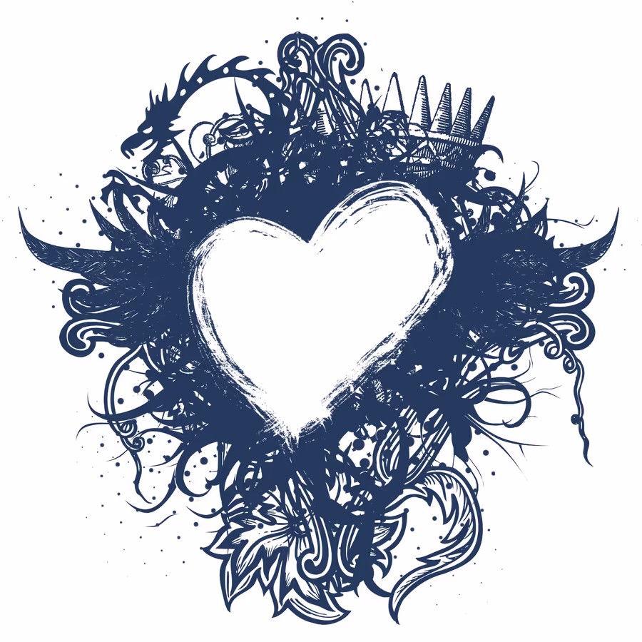 Стилизованное изображение сердца окруженного колючками драконом и другими декоративными элементами