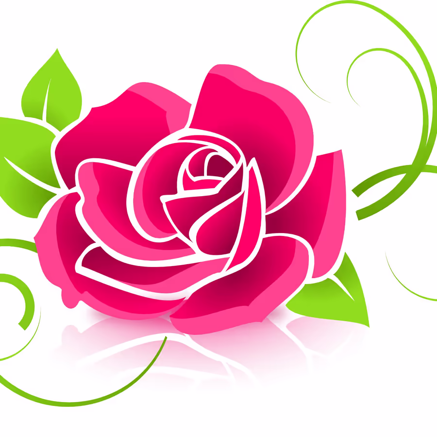 Стилизованное изображение розовой розы с зелеными листьями и завитками