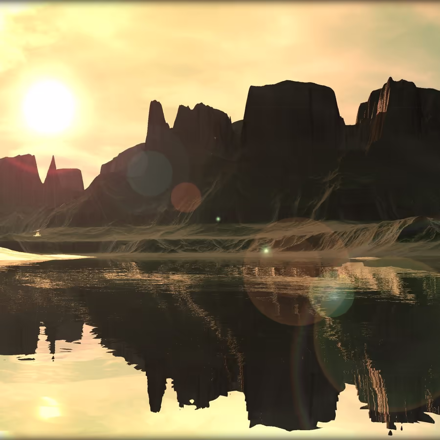 Пейзаж с отражением гор в воде на закате