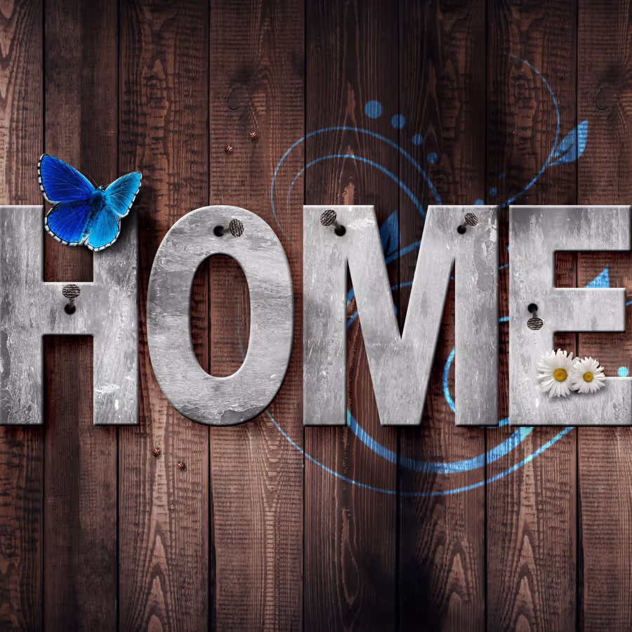 Слово ДОМ из металла с декором в виде бабочки и цветка