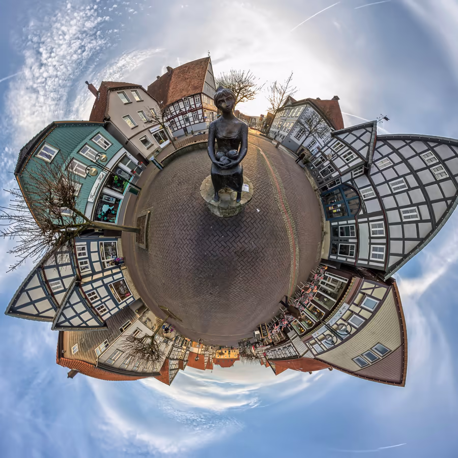 Городской пейзаж снятый в технике fisheye с акцентом на центральный памятник