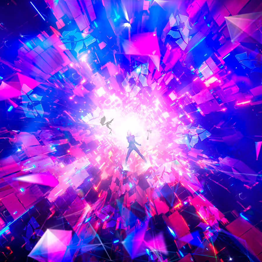 Две фигуры в динамичном танце внутри футуристического киберпространства освещенного неоновыми огнями