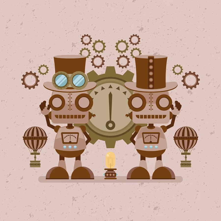 Два забавных робота в стиле стимпанк стоящие у часов