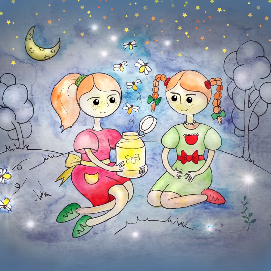 Девочки сидят в поле ночью и ловят светлячков в банку