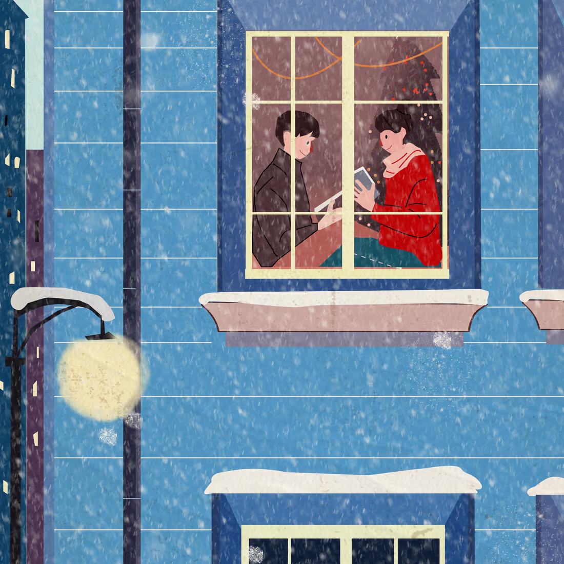 Два человека смотрят в телефоны у окна во время снегопада