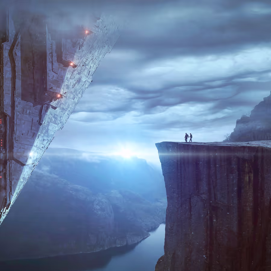 Два человека стоят на краю обрыва перед огромным космическим кораблем