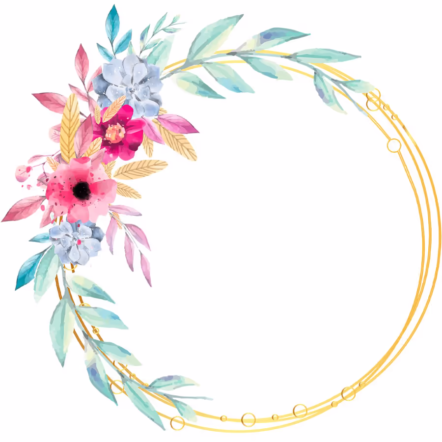 Акварельный рисунок цветочного венка с золотой рамкой