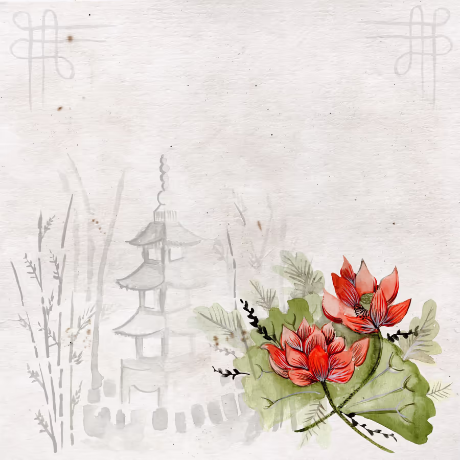 Акварельная иллюстрация японского сада с традиционной пагодой и красными лотосами