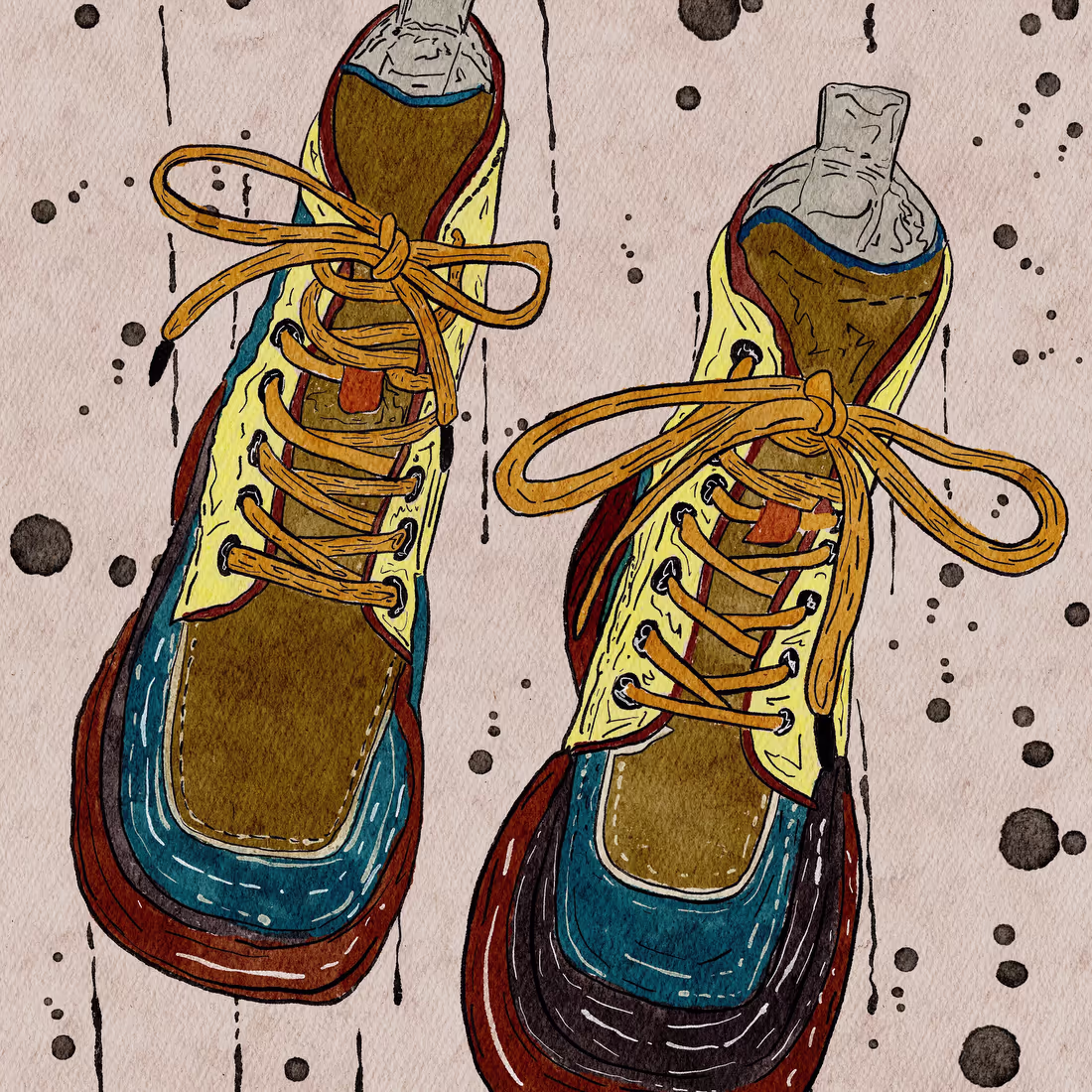 Иллюстрация двух ботинок выполненная в технике акварели