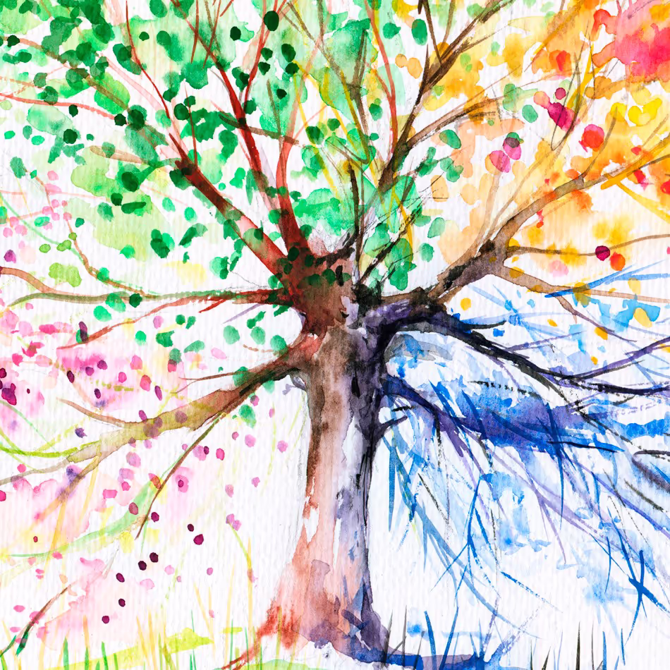 Акварельное изображение дерева символизирующего все четыре времени года