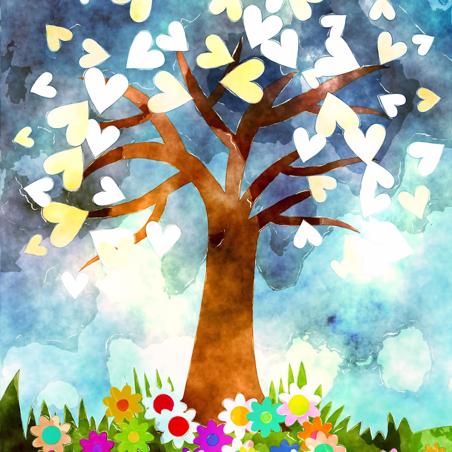 Акварельное изображение дерева с сердечками вместо листьев