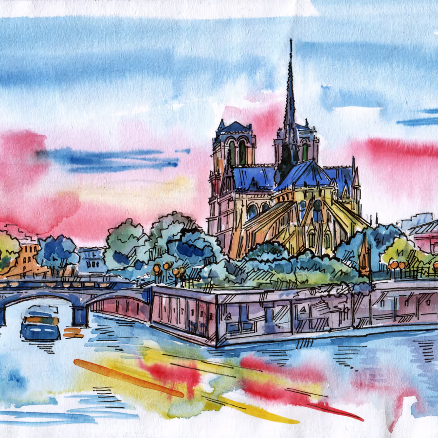 Акварельный рисунок собора Нотр-Дам с видом на Сену