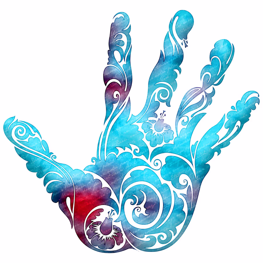 Изображение руки выполненное в технике акварели с замысловатым цветочным орнаментом